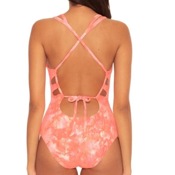 BECCA Crystal Skylar plunge one piece swimsuit Orange pink white tie dye - Picture 3 of 6
